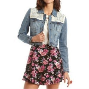 Distressed Light Wash Lace Detail Denim Jacket
